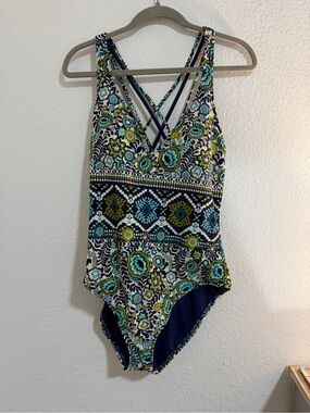 Mossimo Supply Co. Navy Teal Lime Floral Crisscross One-Piece Swimsuit